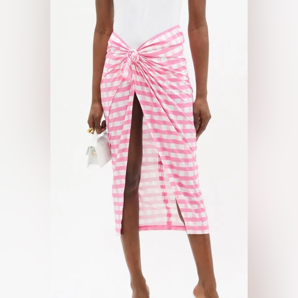 JACQUEMUS Nodi jersey pink white gingham sarong skirt swim coverup pareo size M